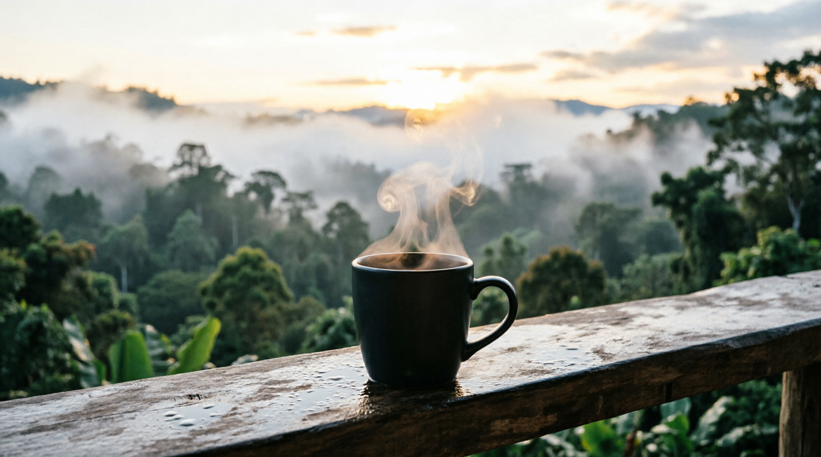 Coffee ripening on the slope above the river, leaves heavy after rain