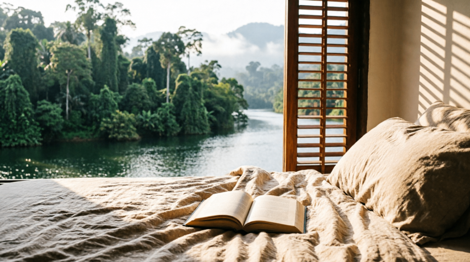 Morning light falling across an unmade linen bed, rock and dark timber open to the trees