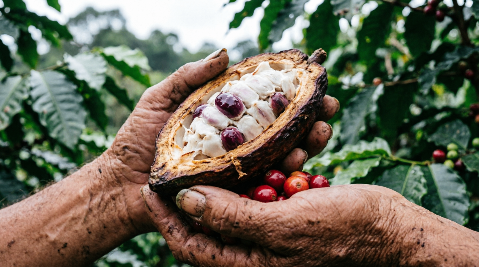 Two hands holding an opened cacao pod, the seeds still white and wet
