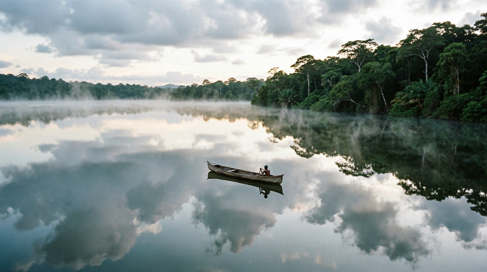 A kayak drawn onto the shallows at first light, the river still holding the night's cold