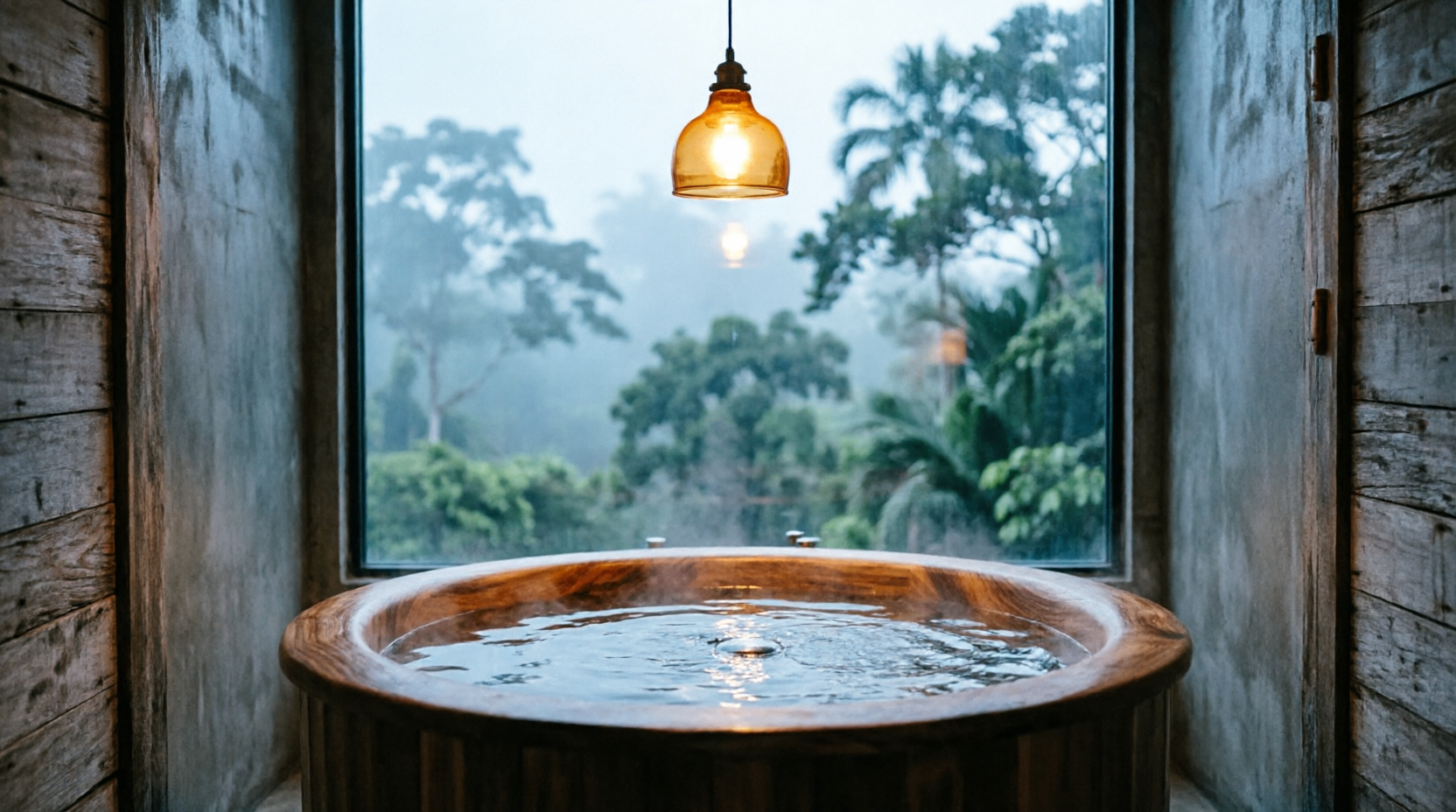 The villa's indoor jacuzzi, steaming toward the canopy