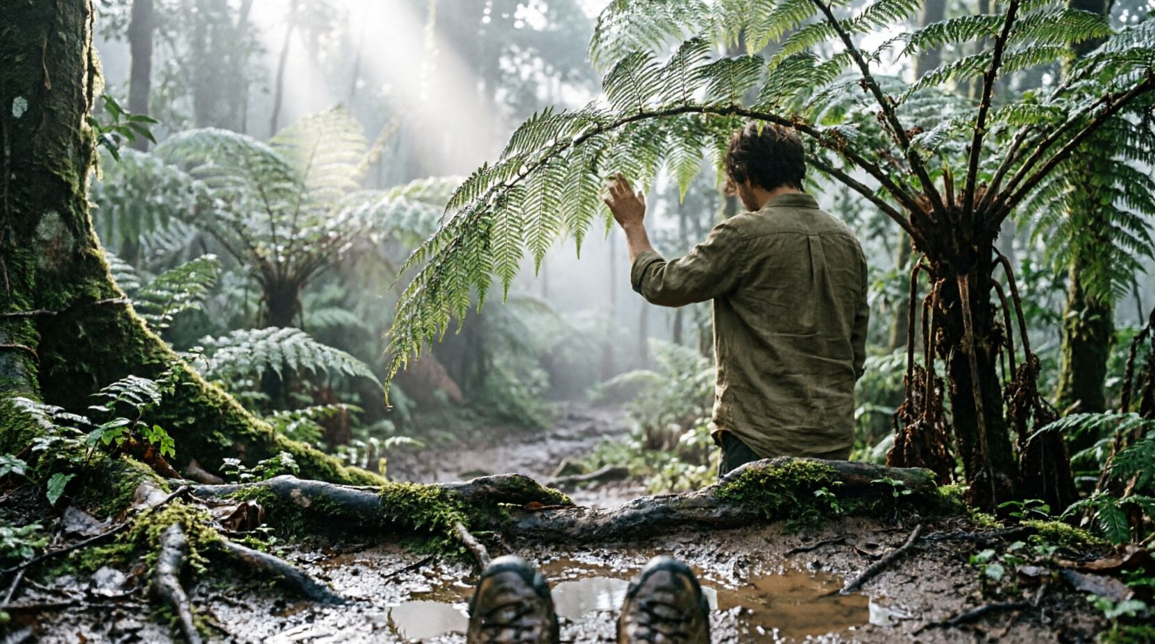 One walker on a narrow trail, the canopy closing overhead and light falling in columns